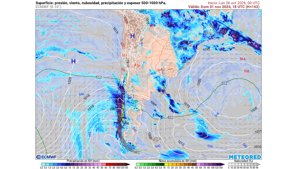 modelo de pronóstico El frente frío del fin de semana avanzará hacia la zona central de Chile dejando precipitaciones entre el Maule y Magallanes. Por cordillera podría avanzar hasta la Región de Valparaíso.