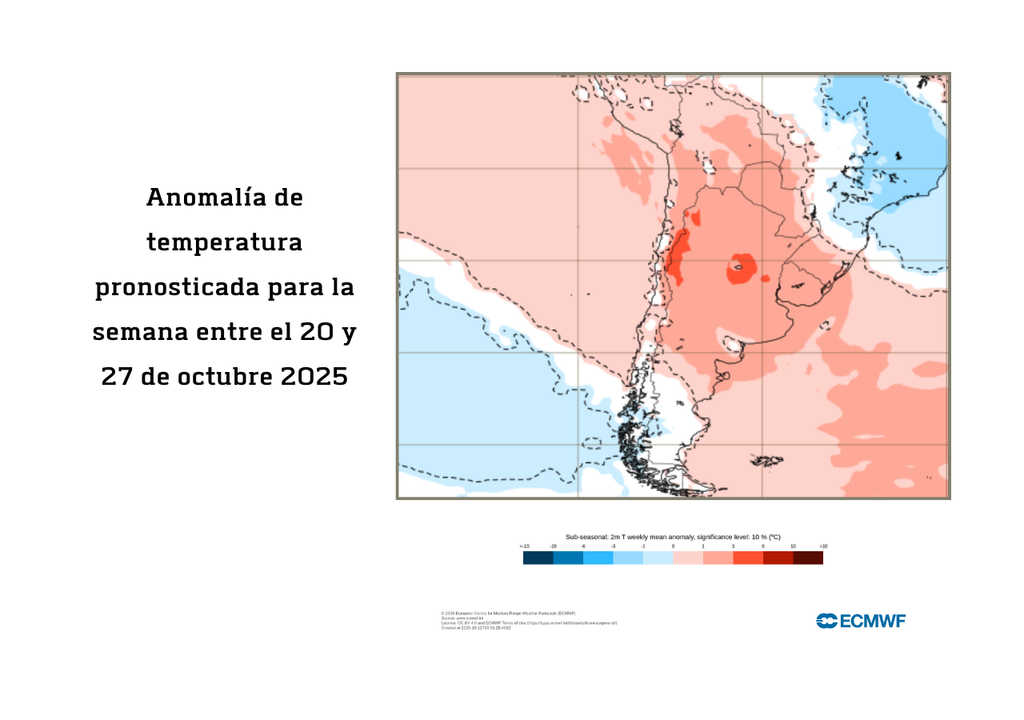 Calor durante la segunda quincena de octubre 2025 en Chile, Meteored, ECMWF