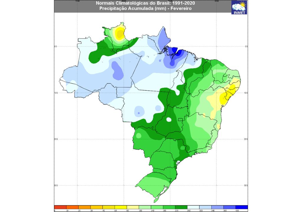 Normais climatológicas de precipitação acumulada para o Brasil entre 1991 e 2020 durante o mês de fevereiro.