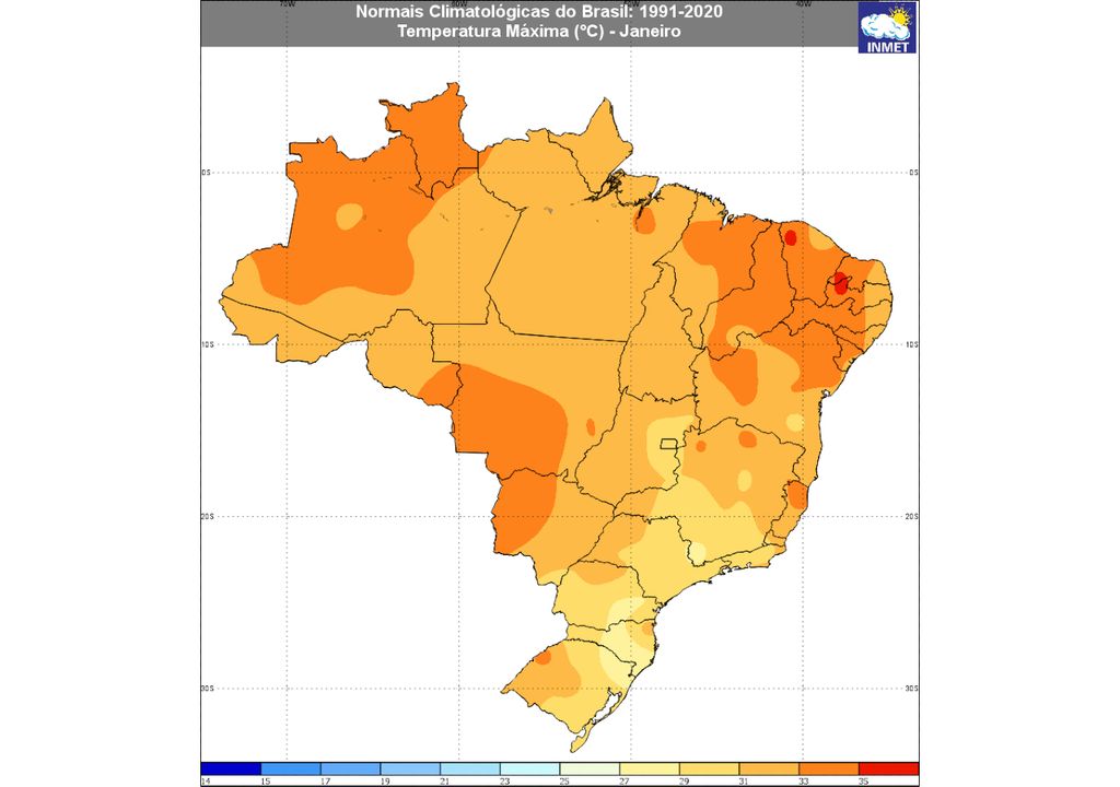 Normais climatológicas de temperatura máxima para o Brasil entre 1991 e 2020 durante o mês de fevereiro.