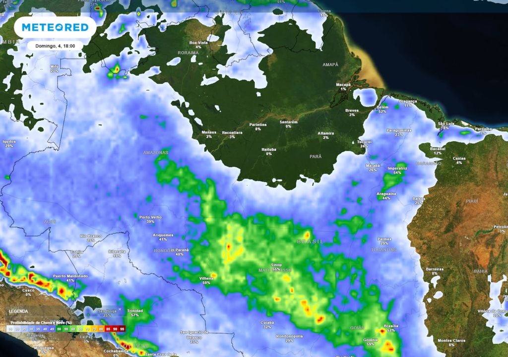 Previsão de probabilidade de chuvas no domingo de tarde ilustra regiões que podem ser mais afetadas pela chuva no Norte do Brasil. Num geral, o período mais seguro para votar é a manhã.