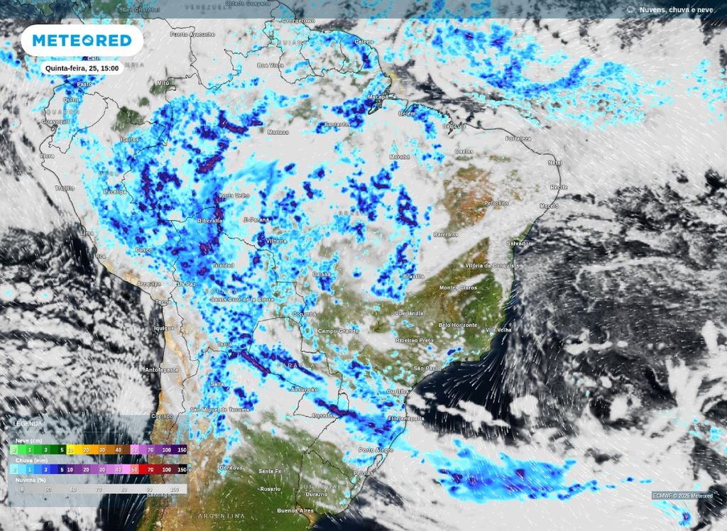 Precipitação prevista para a tarde de quinta-feira (25).