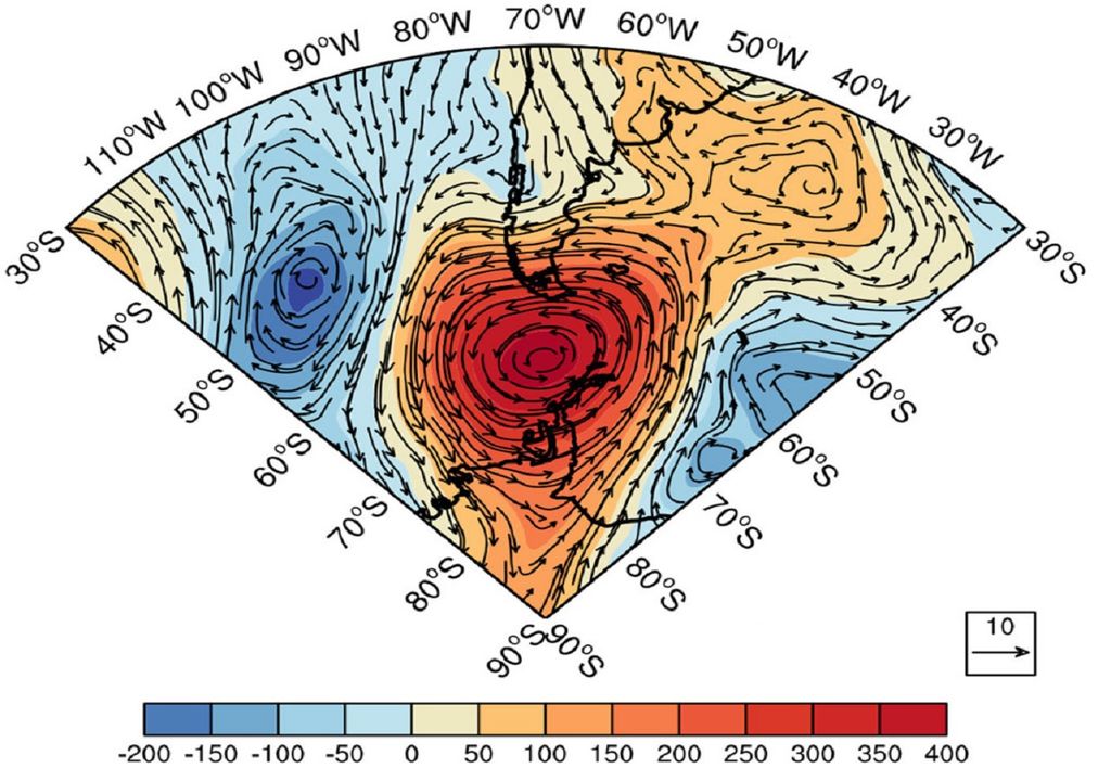 Anomalía altura geopotencial en 500 hPa y viento. Anomalía altura geopotencial en 500 hPa y viento.