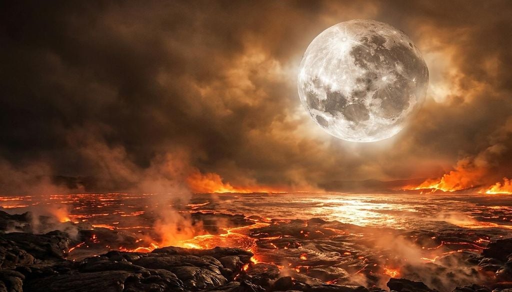 Um imenso oceano de magma cobria a Terra primitiva, sob uma Lua muito mais próxima e massiva. A intensa gravidade lunar e uma densa atmosfera de gases retardaram o arrefecimento do planeta durante milhões de anos.