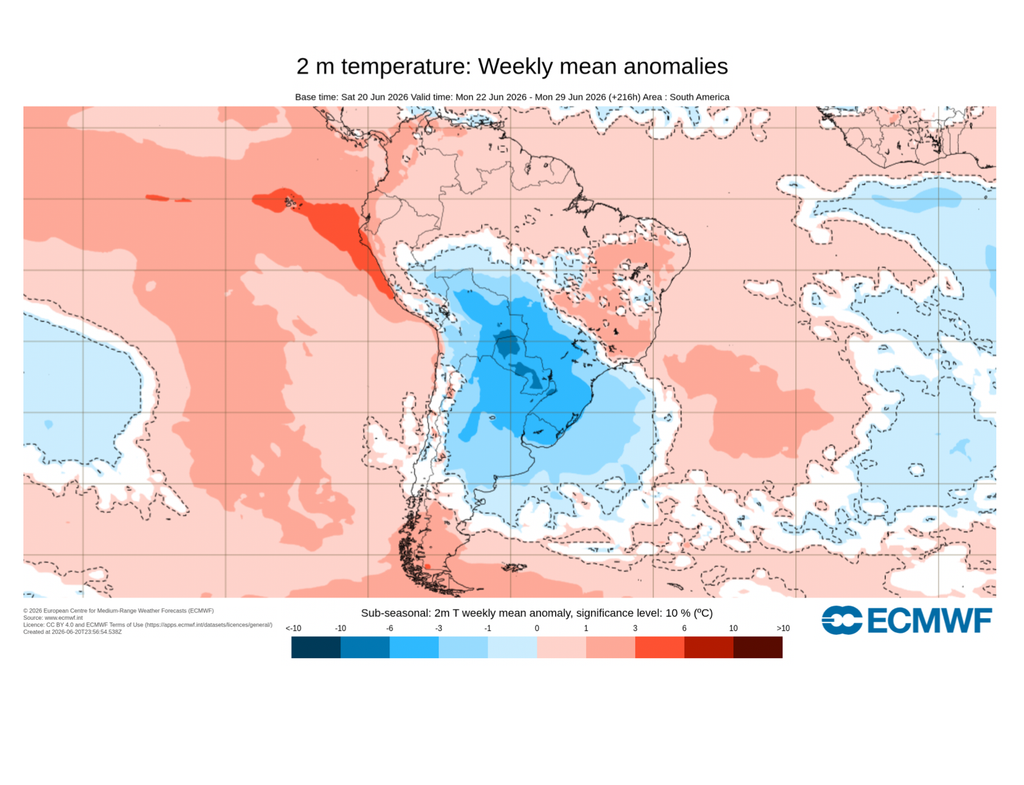 Anomalías Anomalías de temperatura durante una semana con una incursión de aire frío. Fuente: ECMWF.