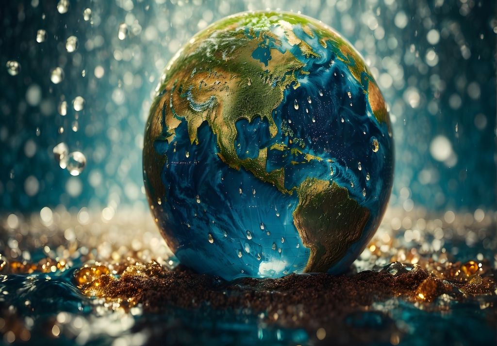 miniatura del planeta Tierra en una superficie mojada, recibiendo gotas de agua desde lo alto