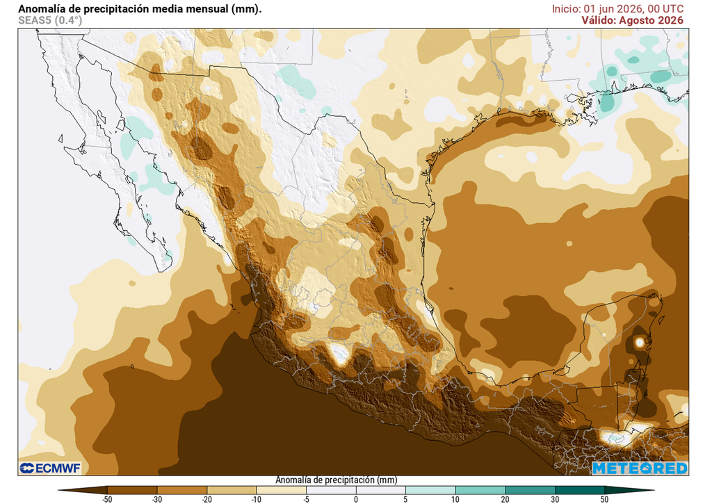 Anomalía de precipitaciones en agosto Gran parte del país experimentaría un déficit de lluvias, pero sin ser nulas: es probable que la mitad centro-occidente reciba más que la mitad oriente y Pacífico sur.