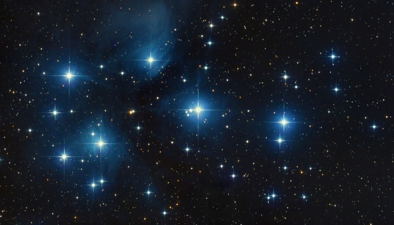 Astronómicamente, las Pléyades son un cúmulo abierto de estrellas, la mayoría de ellas son relativamente jóvenes.
