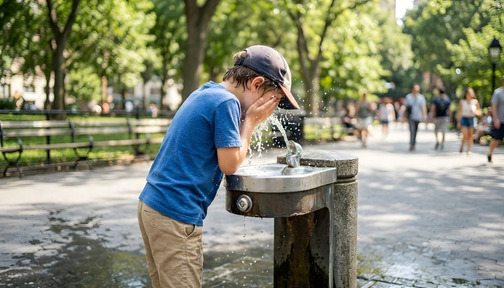 Criança refresca-se numbebedouro de jardim A hidratação ajuda a proteger o organismo durante o calor, sobretudo entre as pessoas mais vulneráveis às temperaturas elevadas. Foto: Adobe Stock