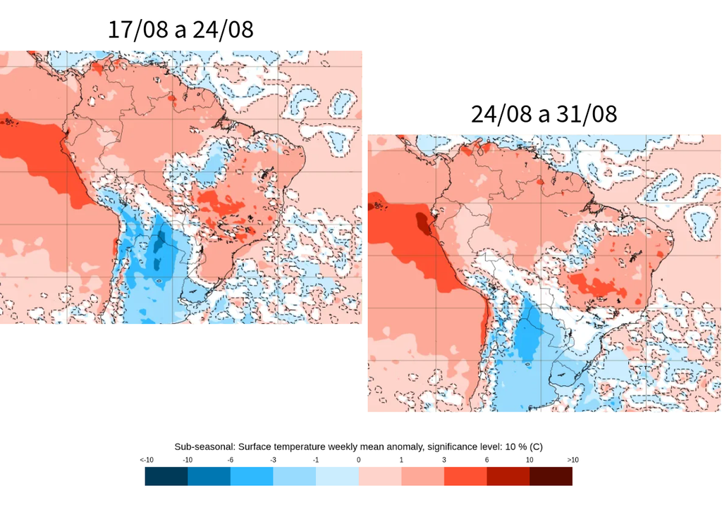 Previsão de anomalia semanal de temperatura (°C), segundo o ECMWF. Créditos: Meteored/Adaptado de ECMWF. Previsão de anomalia semanal de temperatura (°C), segundo o ECMWF. Créditos: Meteored/Adaptado de ECMWF.