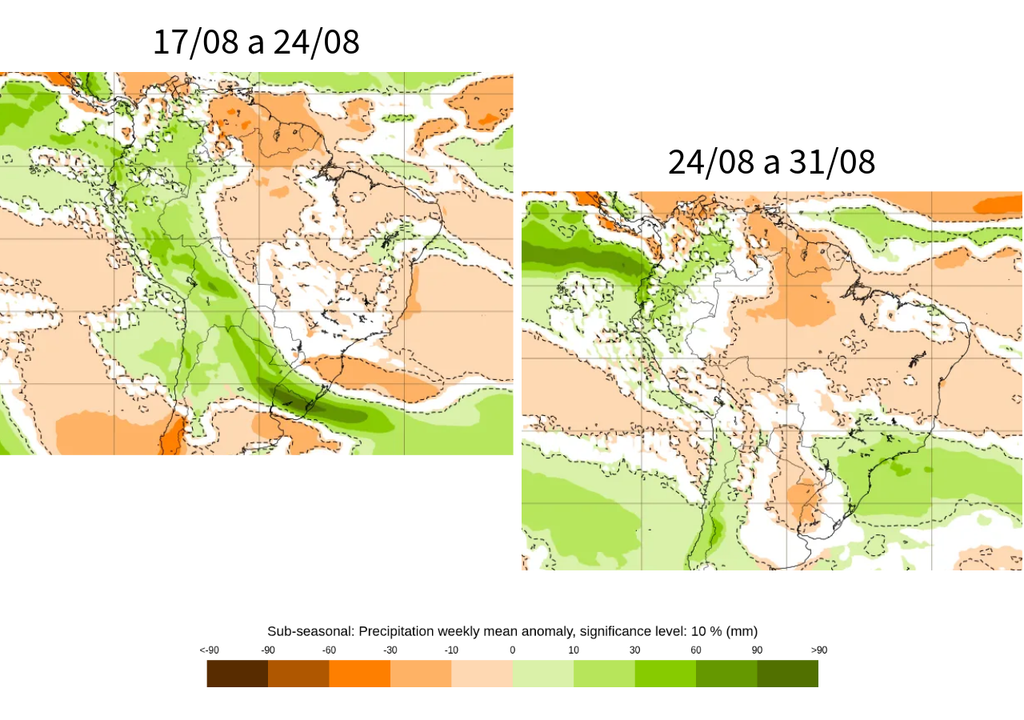 Previsão de anomalia semanal de chuva (mm), segundo o ECMWF. Créditos: Meteored/Adaptado de ECMWF. Previsão de anomalia semanal de chuva (mm), segundo o ECMWF. Créditos: Meteored/Adaptado de ECMWF.