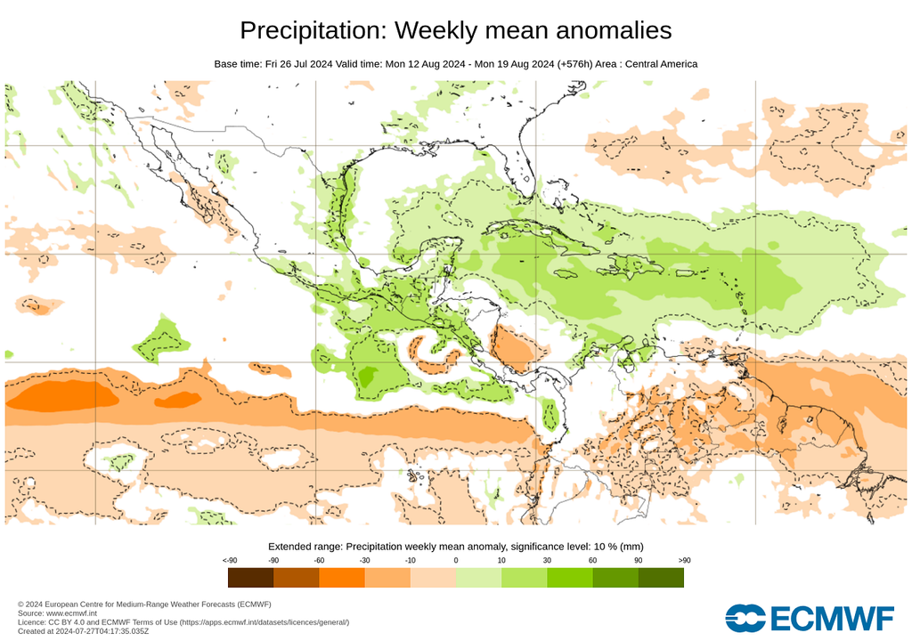 Anomalía de precipitaciones para mediados de agosto