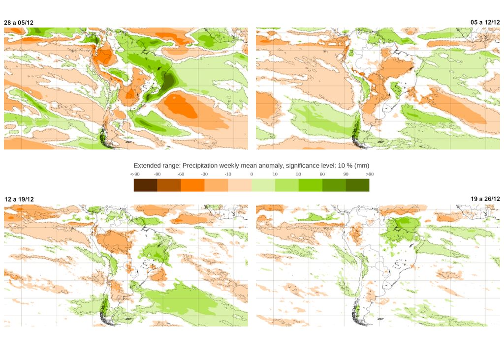 Mapas de previsão semanal de anomalia de precipitação do modelo ECMWF para dezembro. Mapas de previsão semanal de anomalia de precipitação do modelo ECMWF para dezembro.
