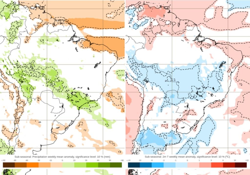 Previsão de anomalias de chuva (esquerda) e temperatura (direita) entre os dias 9 e 16 de Fevereiro.