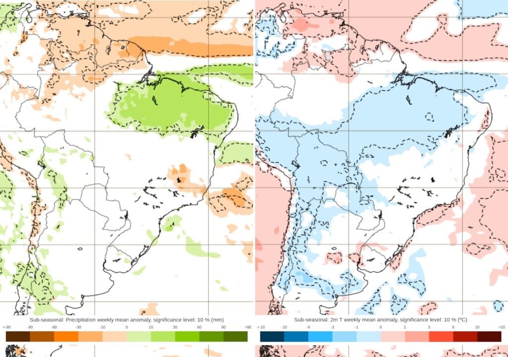 Previsão de anomalias de chuva (esquerda) e temperatura (direita) entre os dias 16 e 23 de Fevereiro.