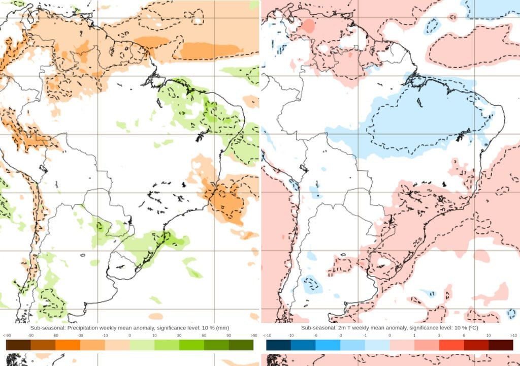 Previsão de anomalias de chuva (esquerda) e temperatura (direita) entre os dias 23/02 e 02/03.