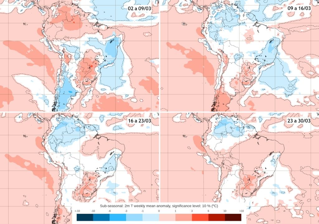 Mapas de previsão semanal de anomalia de temperatura do modelo ECMWF para Março.
