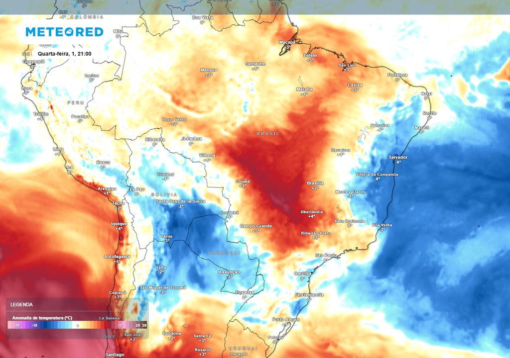 Previsão de anomalias de temperatura em 850 hPa na quarta-feira de tarde.