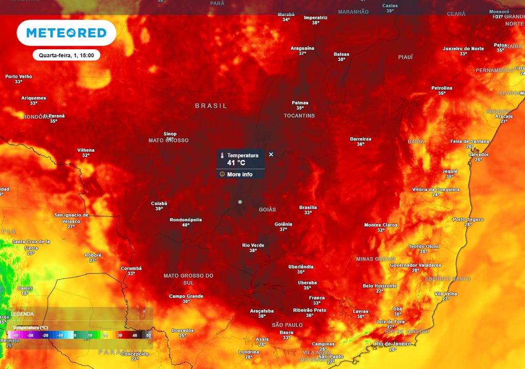 Previsão de temperaturas máximas na próxima quarta-feira.