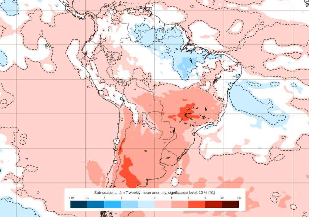 Previsão de anomalia de temperaturas entre os dias 6 e 13 de Outubro.