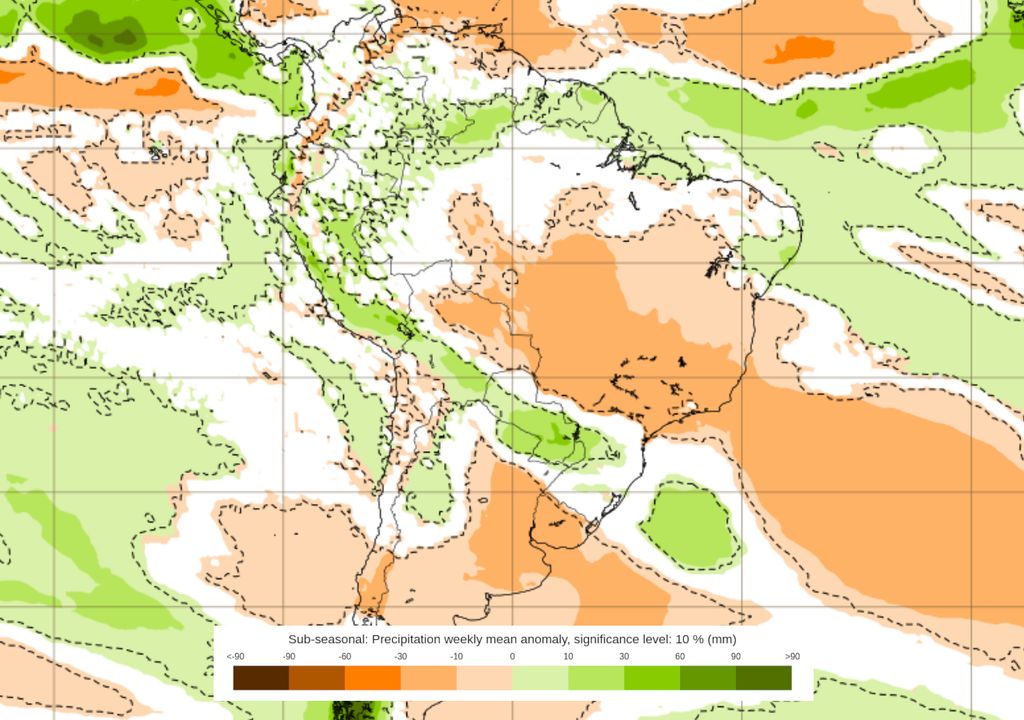 Previsão de anomalia de chuvas entre os dias 29/09 e 13/10.