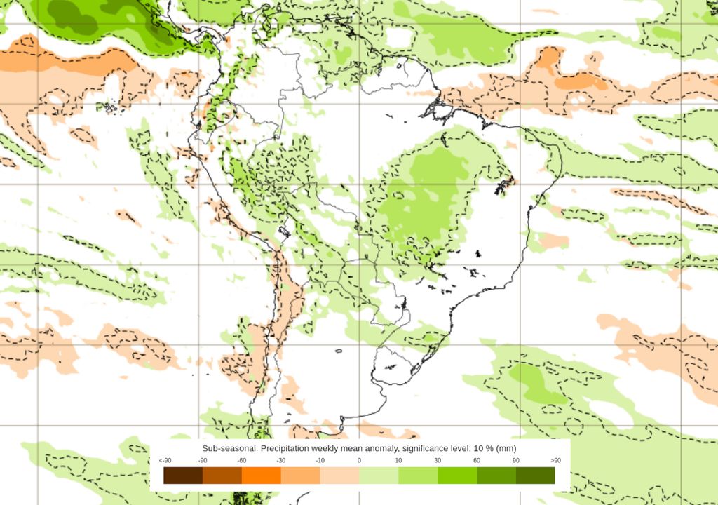 Previsão de anomalia de chuvas entre os dias 13 e 20 de Outubro.