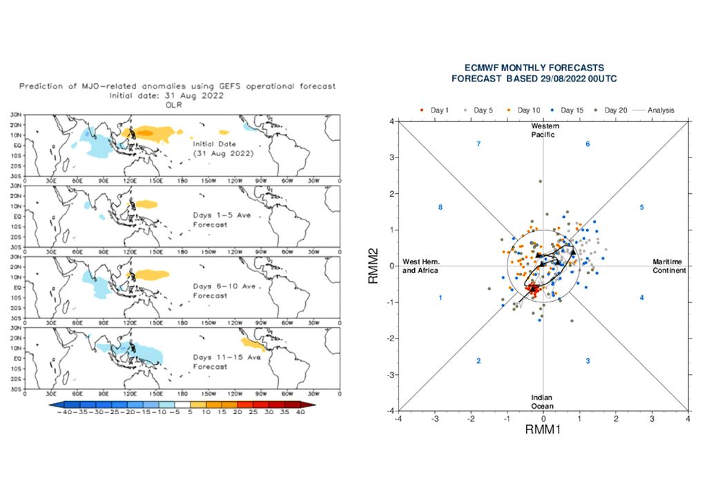 Tendências da Oscilação de Madden-Julian de acordo com os modelos GEFS (mapa à esquerda) e ECMWF (diagrama à direita).