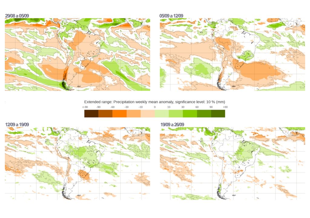 Mapas de previsão semanal de anomalia de precipitação do modelo ECMWF.