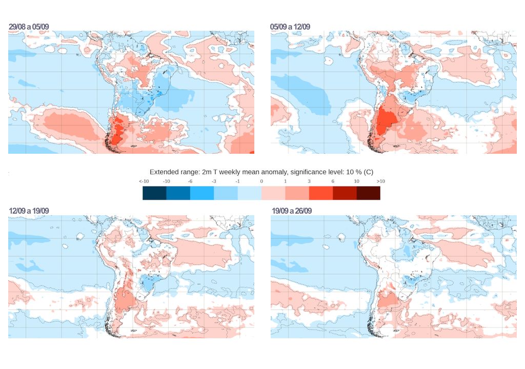 Mapas de previsão semanal de anomalia de temperatura do modelo ECMWF.