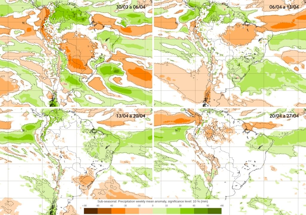 Mapas de previsão semanal de anomalia de chuva do modelo ECMWF para Abril.