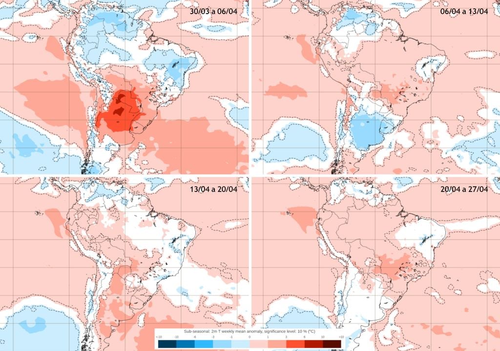 Mapas de previsão semanal de anomalia de temperatura do modelo ECMWF para Abril.