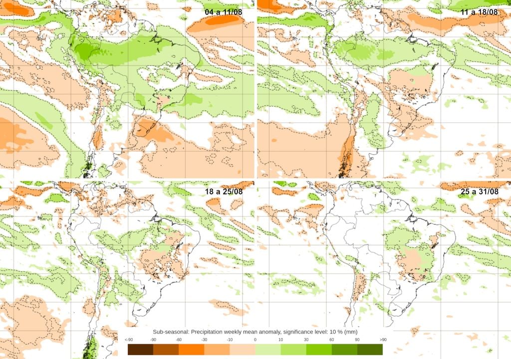Mapas de previsão semanal de anomalia de chuva do modelo ECMWF para Agosto. Mapas de previsão semanal de anomalia de chuva do modelo ECMWF para Agosto.