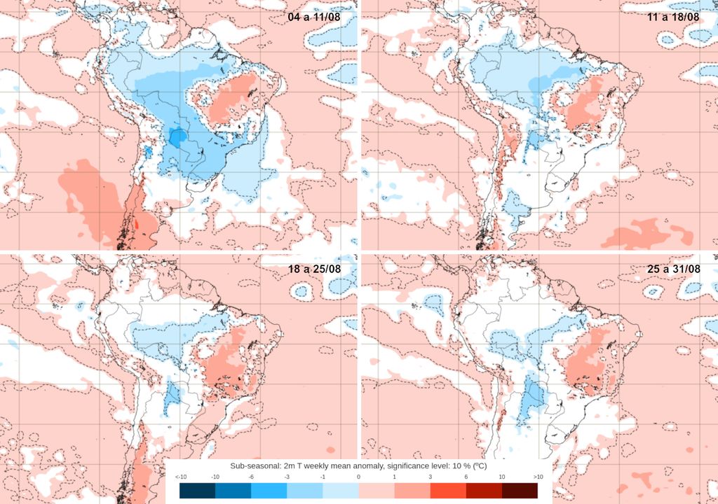 Mapas de previsão semanal de anomalia de temperatura do modelo ECMWF para o início de Agosto. Mapas de previsão semanal de anomalia de temperatura do modelo ECMWF para o início de Agosto.