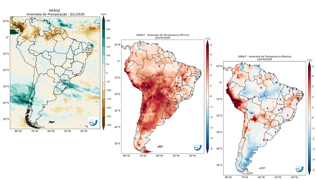 Anomalia de precipitação (esquerda), de temperatura mínima (centro) e máxima (direita) para julho de 2026. Créditos: Meteored/Com mapas do CPTEC/INPE. Anomalia de precipitação (esquerda), de temperatura mínima (centro) e máxima (direita) para julho de 2026. Créditos: Meteored/Com mapas do CPTEC/INPE.
