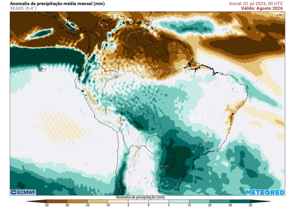 Anomalia de precipitação média mensal para agosto, segundo o ECMWF. Anomalia de precipitação média mensal para agosto, segundo o ECMWF.