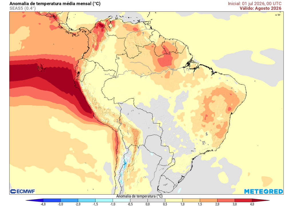 Anomalia de temperatura média mensal para agosto, segundo o ECMWF. Anomalia de temperatura média mensal para agosto, segundo o ECMWF.