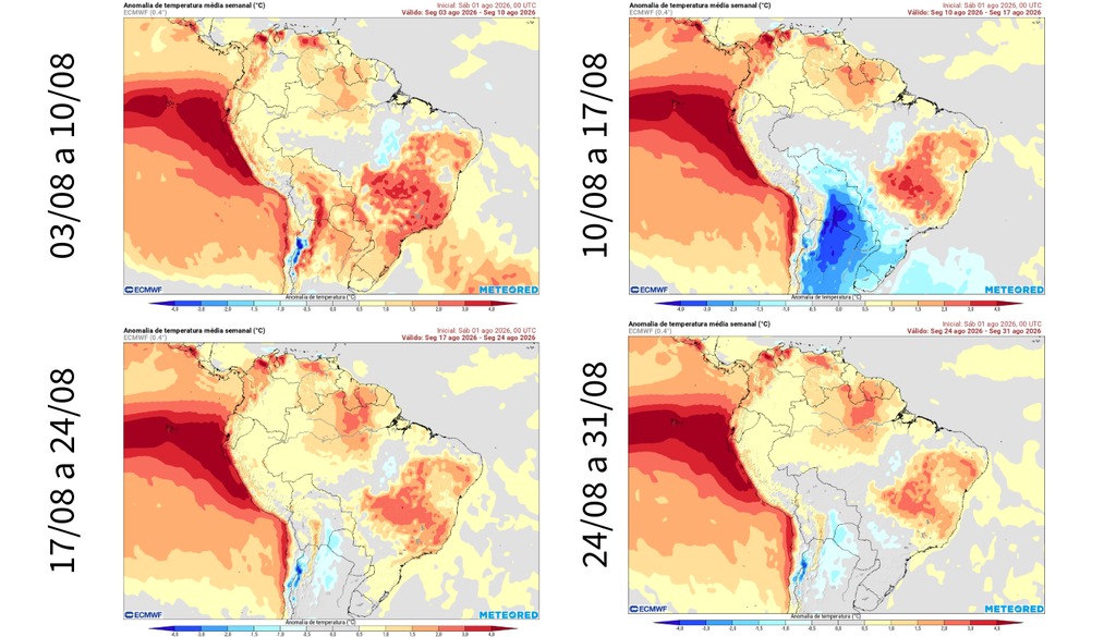 Anomalia de temperatura média semanal para agosto, segundo o ECMWF. Anomalia de temperatura média semanal para agosto, segundo o ECMWF.