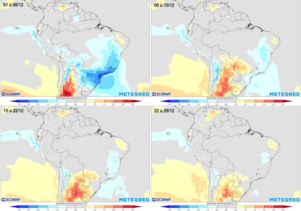 Mapas de previsão semanal de anomalia de temperatura do modelo ECMWF para Dezembro.