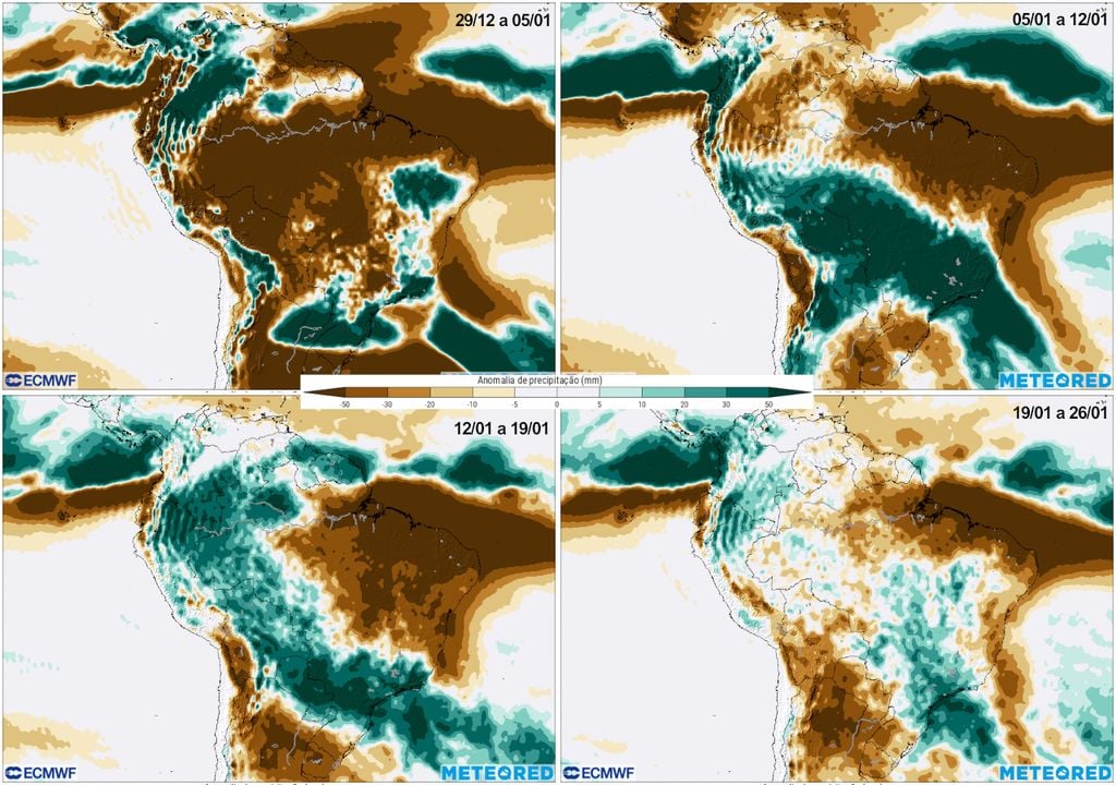 Previsão de anomalias de chuva ao longo das quatro semanas de Janeiro de 2026.