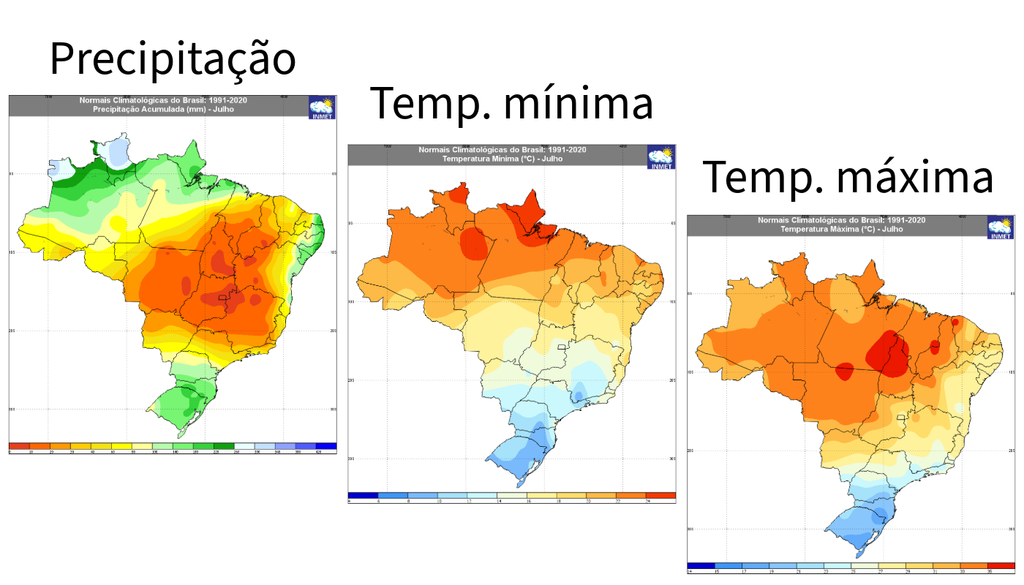 Normais climatológicas (1991-2020) para precipitação, temperatura mínima e máxima no Brasil. Créditos: INMET.
