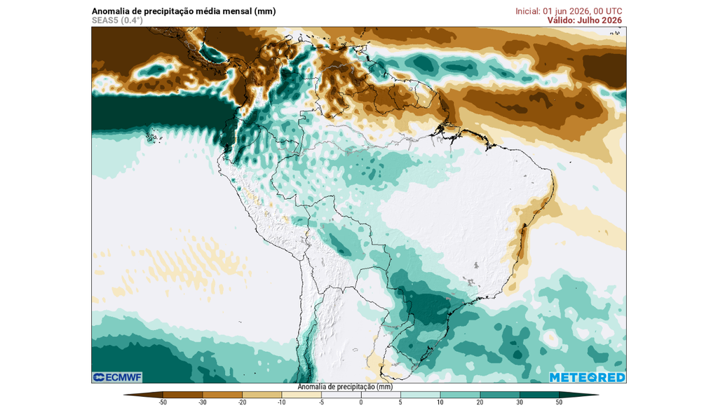 Previsão anomalia de chuva (mm) para o mês de julho, segundo o ECMWF.