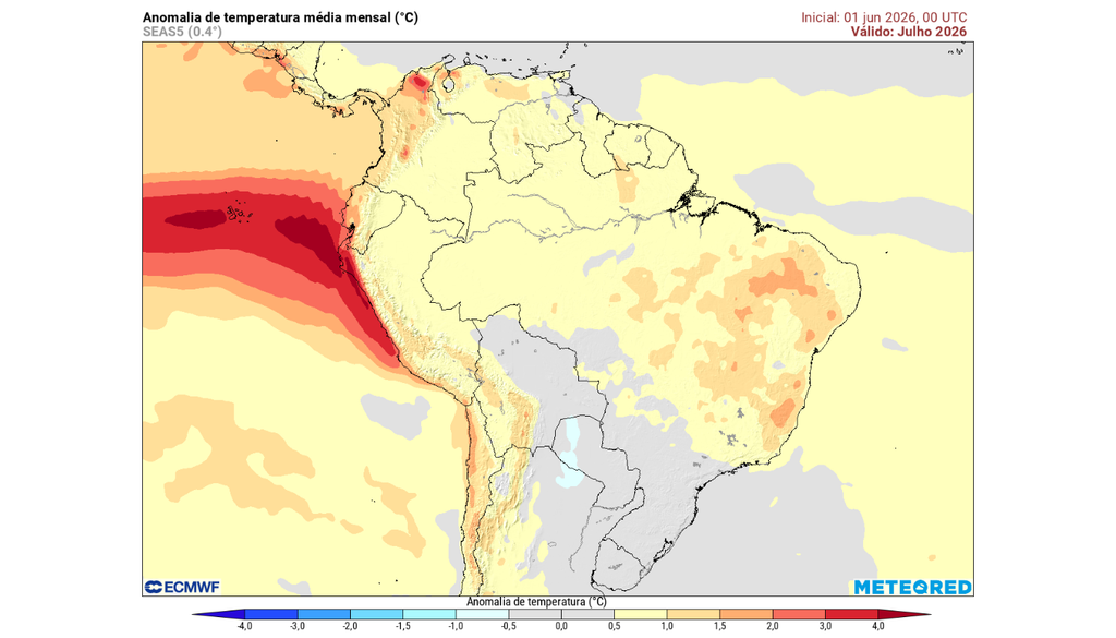 Previsão anomalia de temperatura (°C) para o mês de julho, segundo o ECMWF.