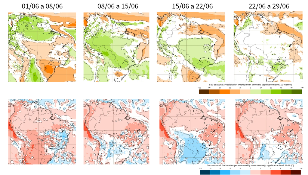 Previsão de anomalia semanal de precipitação (mm, linha superior) e temperatura (°C, linha inferior), segundo o ECMWF. Créditos: Elaborado por Meteored/Fonte: ECMWF. Previsão de anomalia semanal de precipitação (mm, linha superior) e temperatura (°C, linha inferior), segundo o ECMWF. Créditos: Elaborado por Meteored/Fonte: ECMWF.