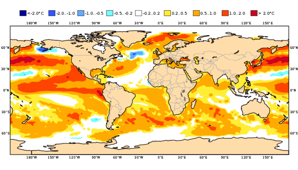 A previsão do modelo ECMWF indica que o El Niño pode se estabelecer ao longo de maio. Créditos: ECMWF.