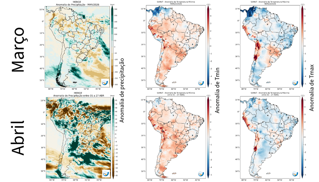Anomalia de precipitação (esquerda), de temperatura mínima (centro) e máxima (direita) para março (superior) e entre 1 e 27 de abril (inferior). Créditos: Elaborado por Meteored/Fonte: CPTEC/INPE.