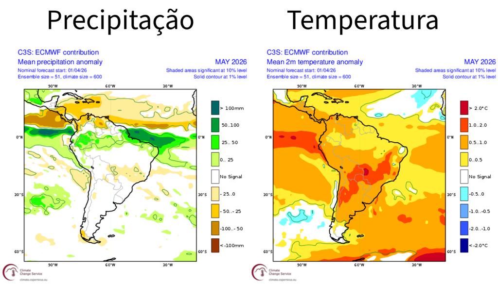 Previsão de anomalia de precipitação (esquerda) e de temperatura (direita) para maio, de acordo com o modelo ECMWF. Créditos: Elaborado por Meteored/Fonte: ECMWF.