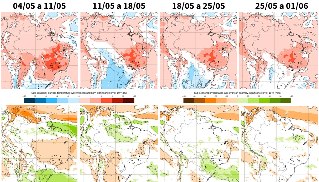 Previsão de anomalia semanal de temperatura (painel superior) e precipitação (painel inferior) ao longo do mês de maio, segundo o ECMWF. Créditos: Créditos: Elaborado por Meteored/Fonte: ECMWF.