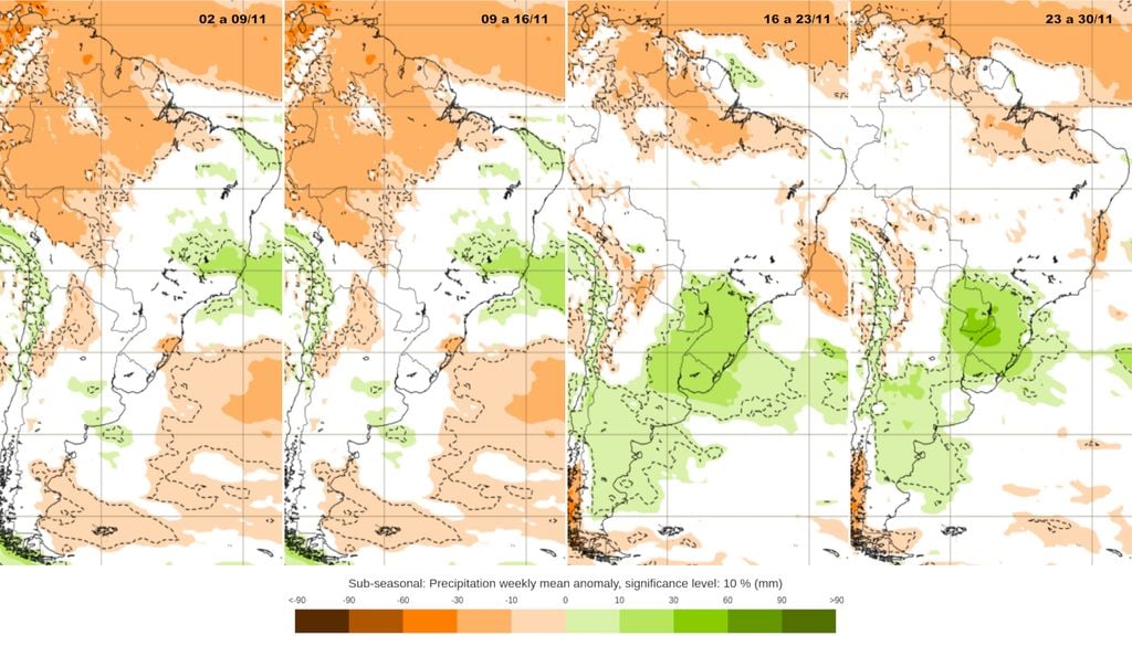 Previsão de anomalias semanais de chuva para o mês de Novembro (ECMWF).