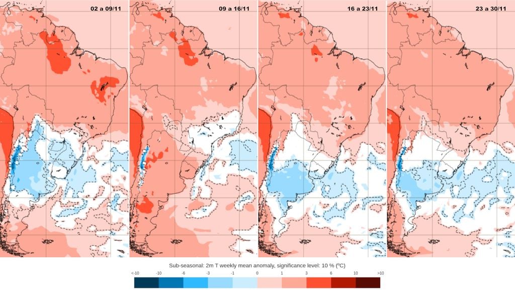 Previsão de anomalias semanais de temperatura para o mês de Novembro (ECMWF).