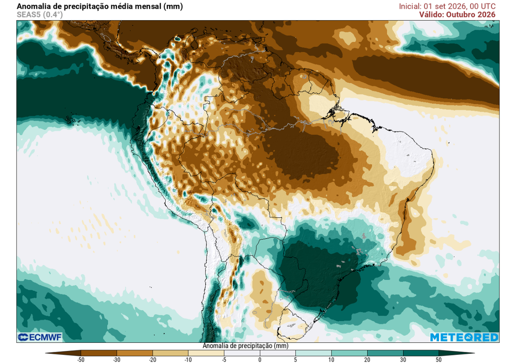 Previsão de anomalia de chuva (mm) para o mês de outubro, segundo o modelo ECMWF. Previsão de anomalia de chuva (mm) para o mês de outubro, segundo o modelo ECMWF.